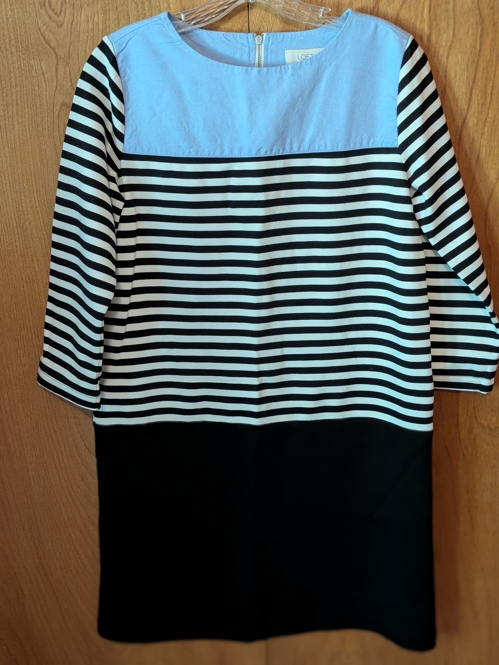 LOFT Light Blue, Black & White Striped Shift Dress